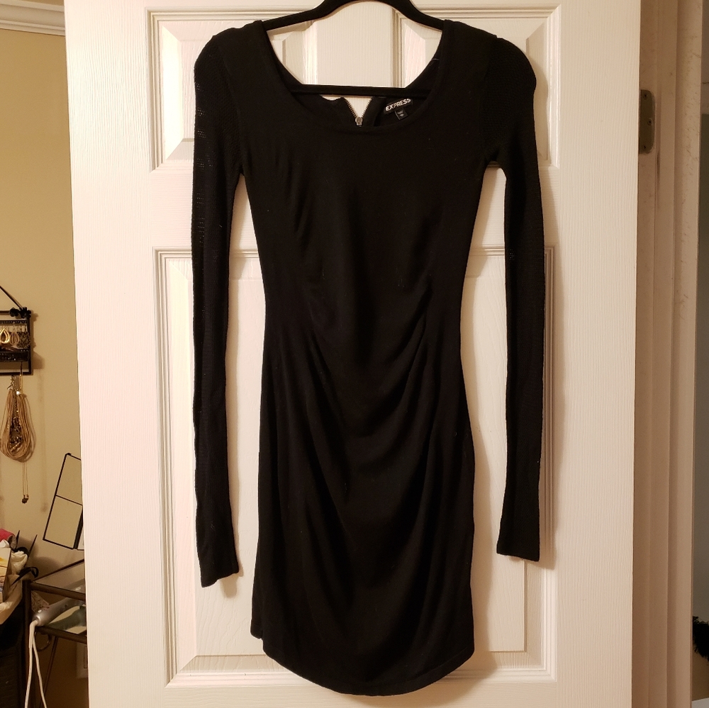 Express Black Sinched Dress with Fishnet Sleeves